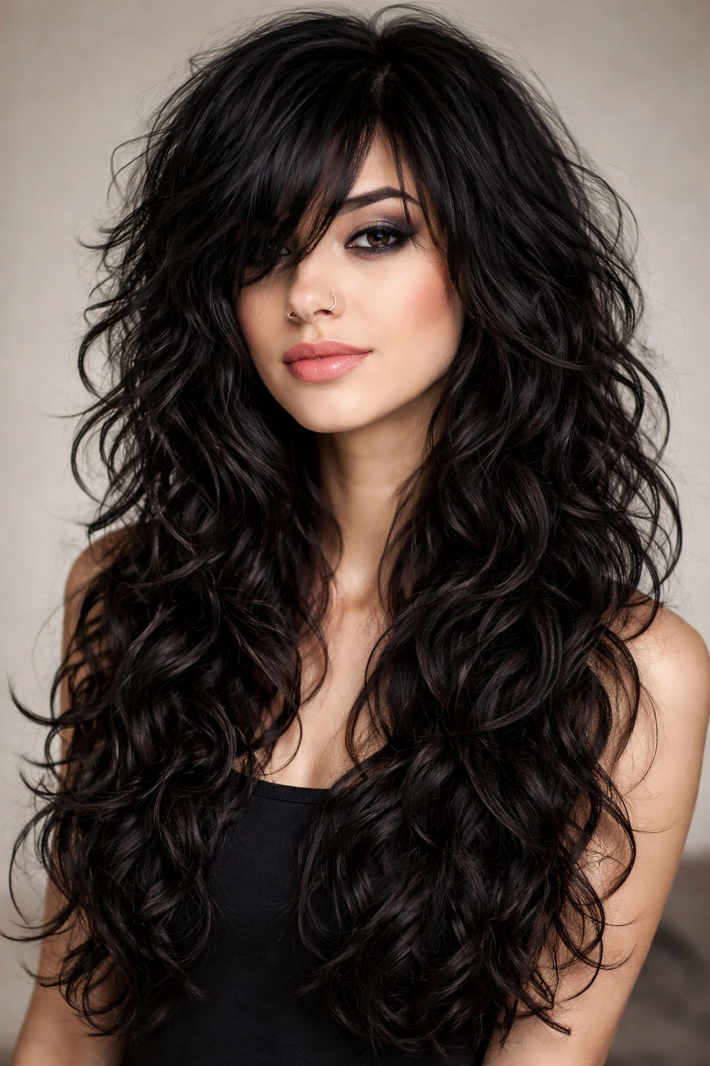 Full-head view of long curly hair with piecey layers and choppy bangs