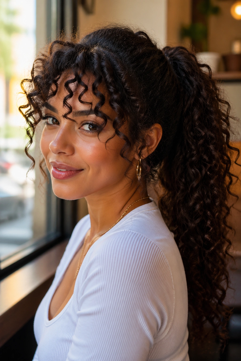 Close-up portrait of a real woman with a long curly ponytail and bangs, near a cafe window