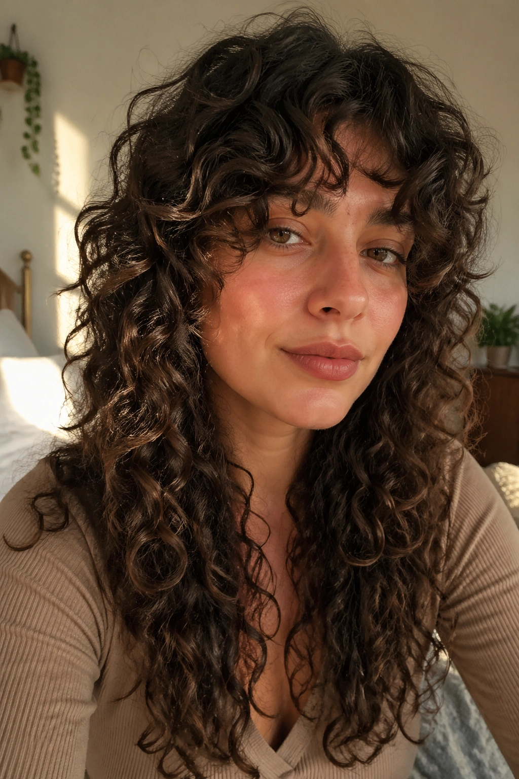 Long curly shag with face-framing layers, side profile close-up