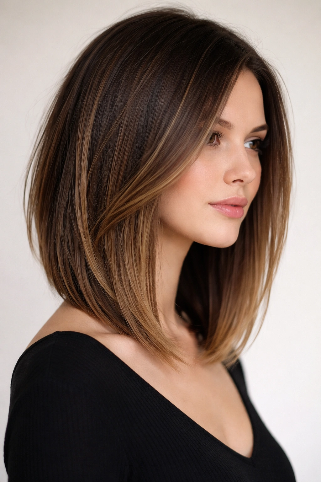 Model with a long diagonal lob showing shoulder-skimming length and diagonal line