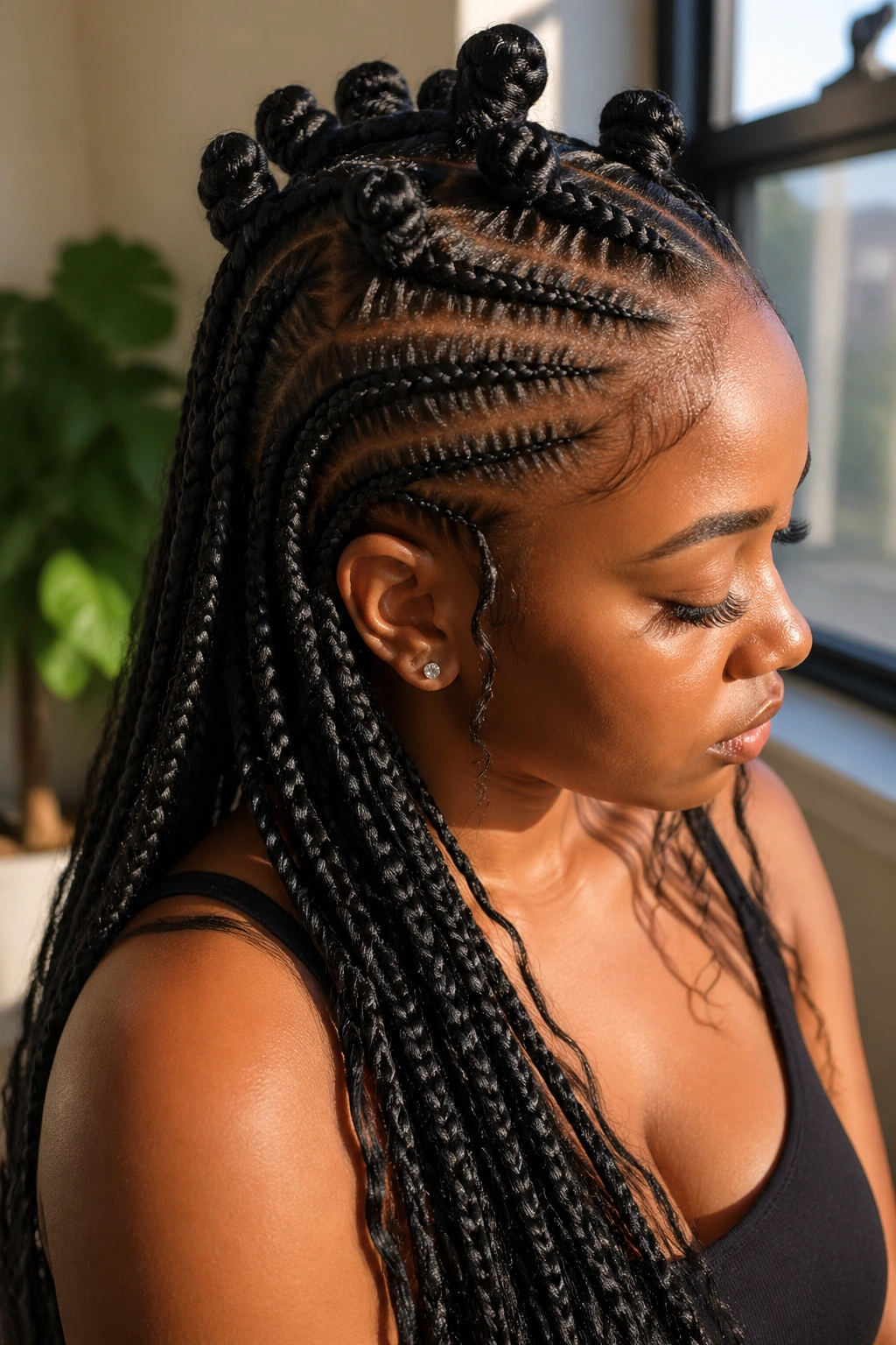 Real person with long hair and extended side braids