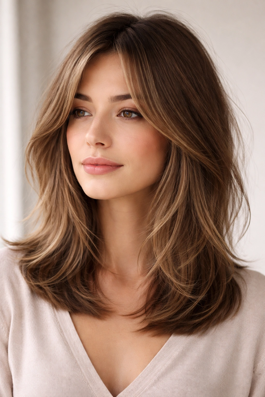 Long hush cut bob with smooth internal layers at collarbone length