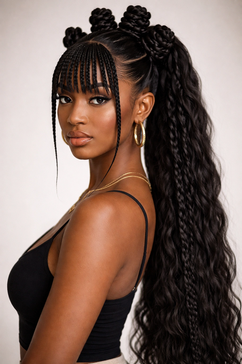 Long-length bantu knot ponytail with braided bangs