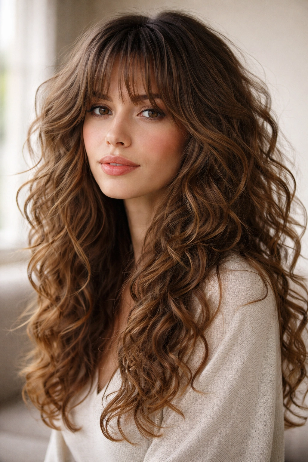 Full-length portrait of long shag curls with airy fringe and layered texture