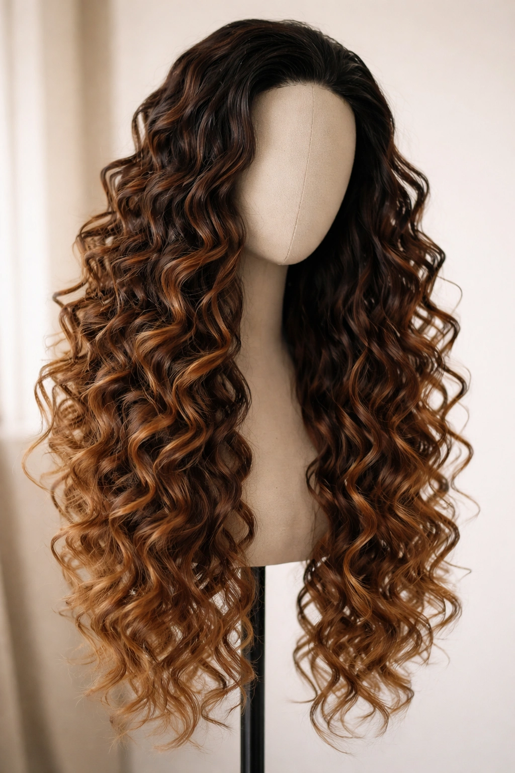 Close-up of a long spiral half-wig with mermaid-end curls on a mannequin head, showing length and glossy curls