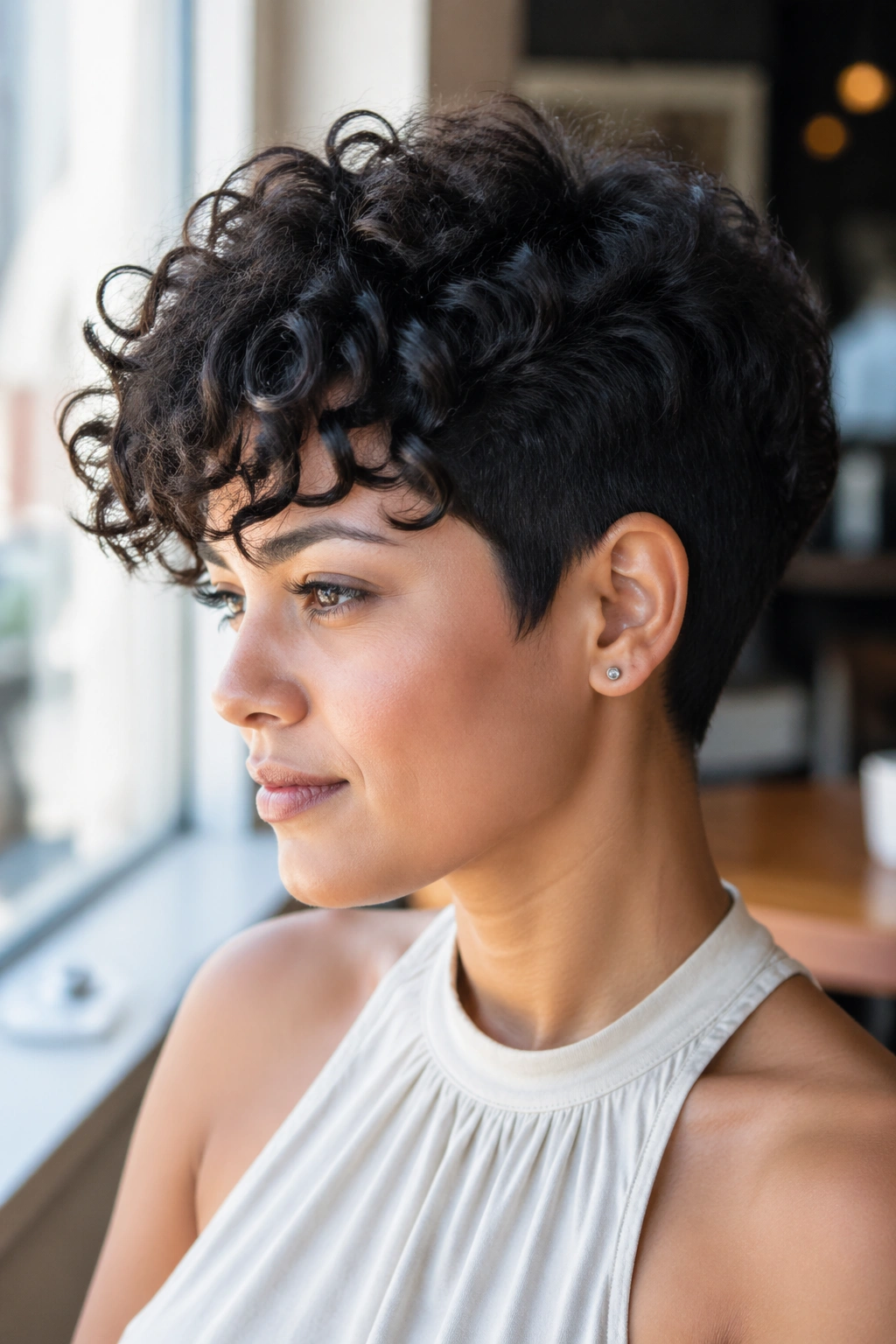 Close-up portrait of a real person with a long-top pixie and nape taper hairstyle