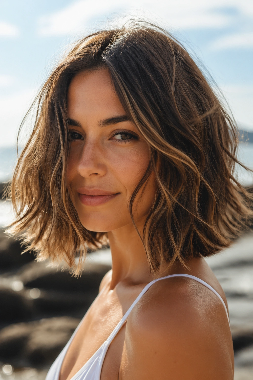Close-up of a real woman with long tousled bob and beachy movement in natural light.