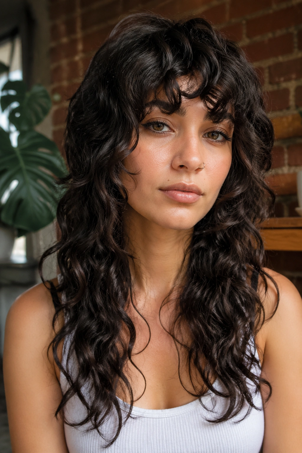 Portrait of a real person with long wolf cut and curly bangs.