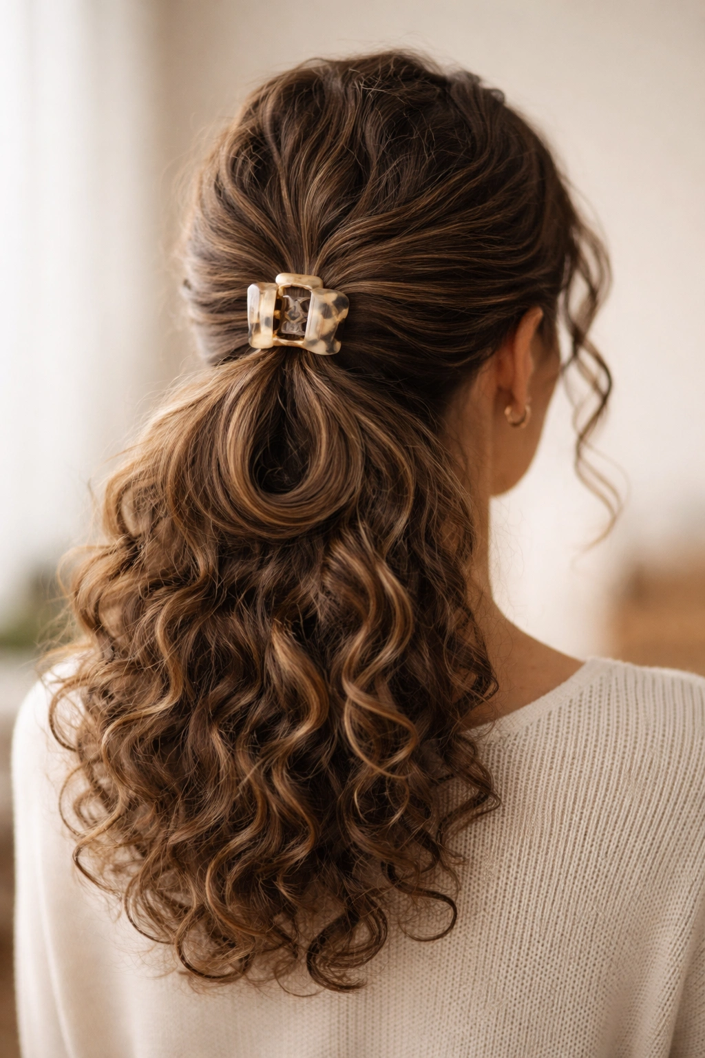 Back view of hair looped and secured with a claw clip, no elastic band visible