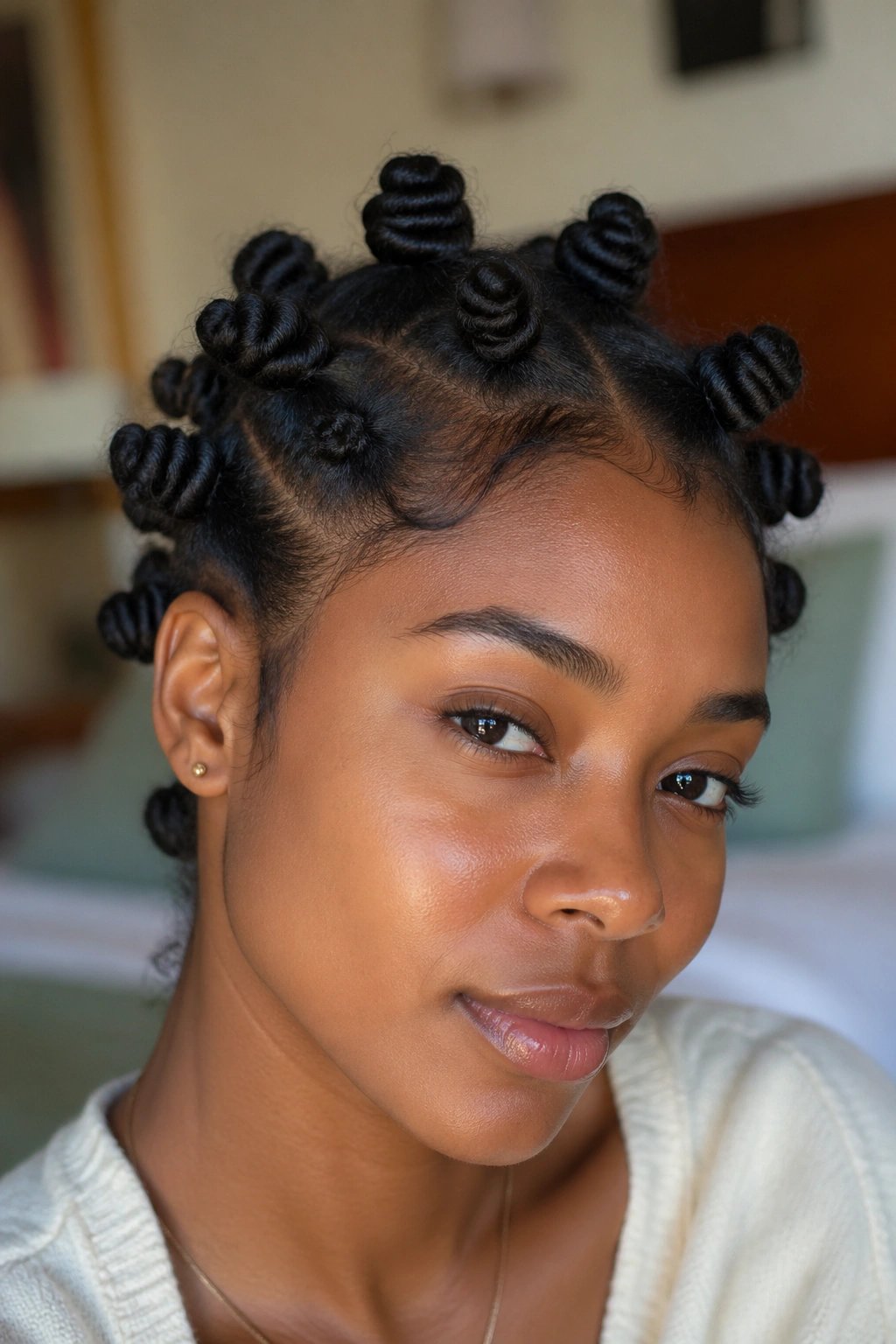 Close-up portrait of a real person showing loose Bantu knots with soft roots and rounded shapes in a softly lit bedroom.