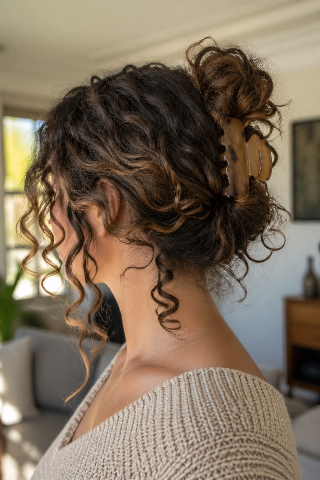 Close-up of a real woman with a loose bun held by a large clip and visible curls around it