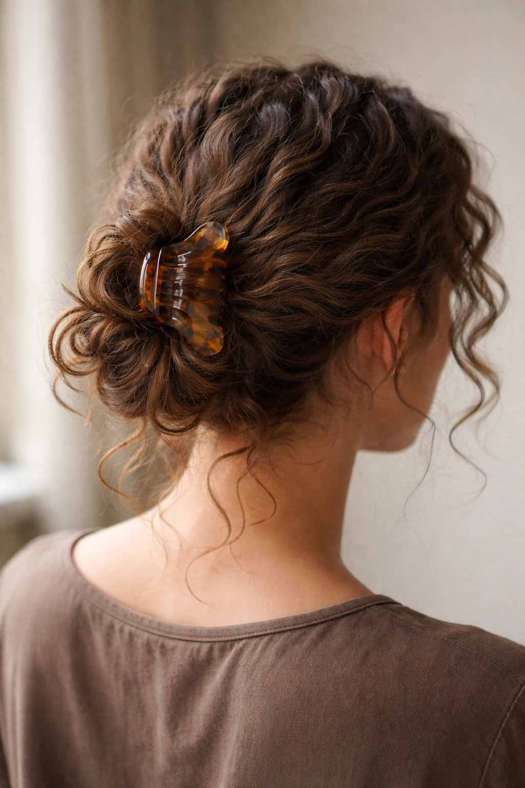 Rear view of a loose claw clip bun at the nape showing soft curl edges