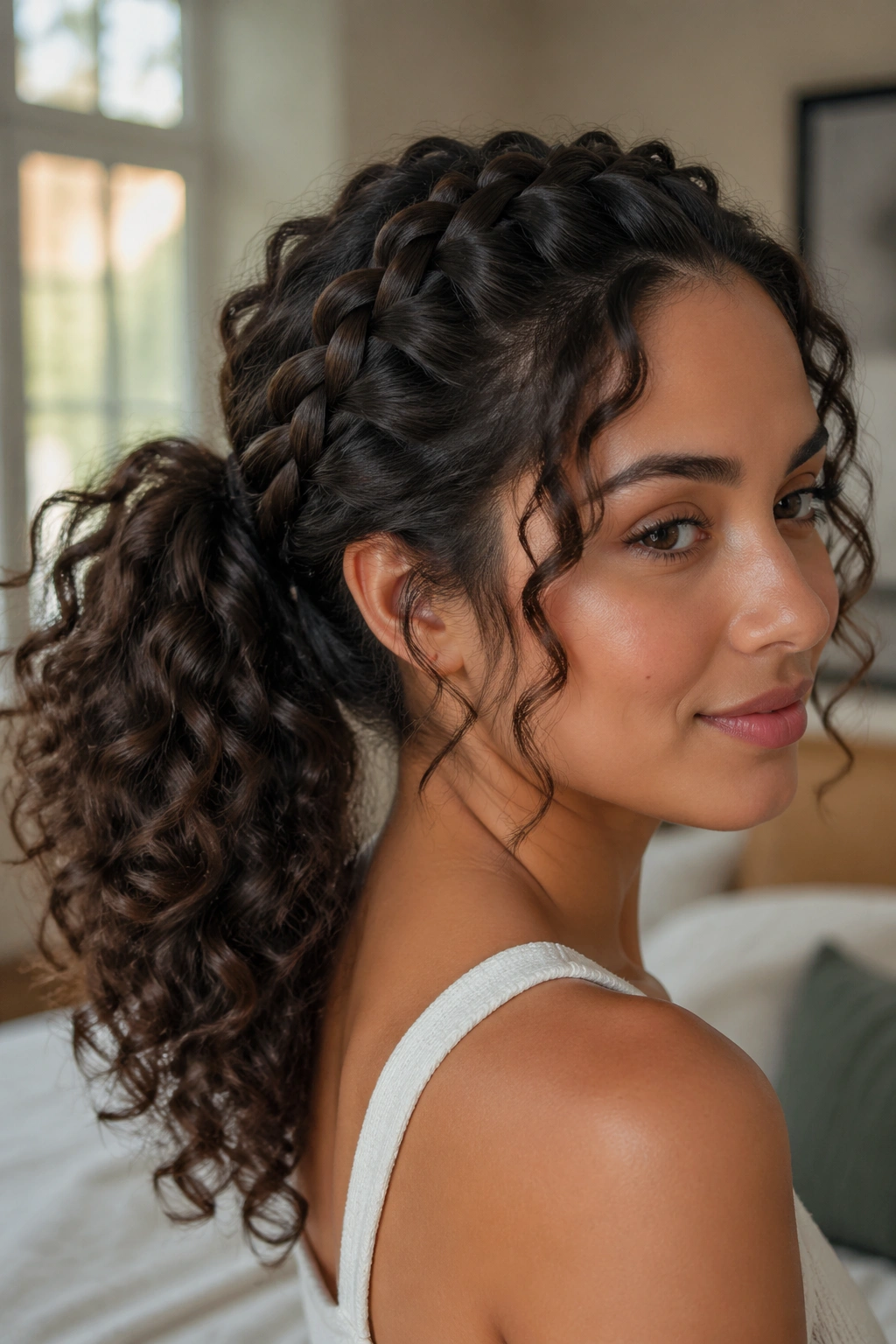 Close-up of a real woman with a loose French braid transitioning into a ponytail on long curly hair