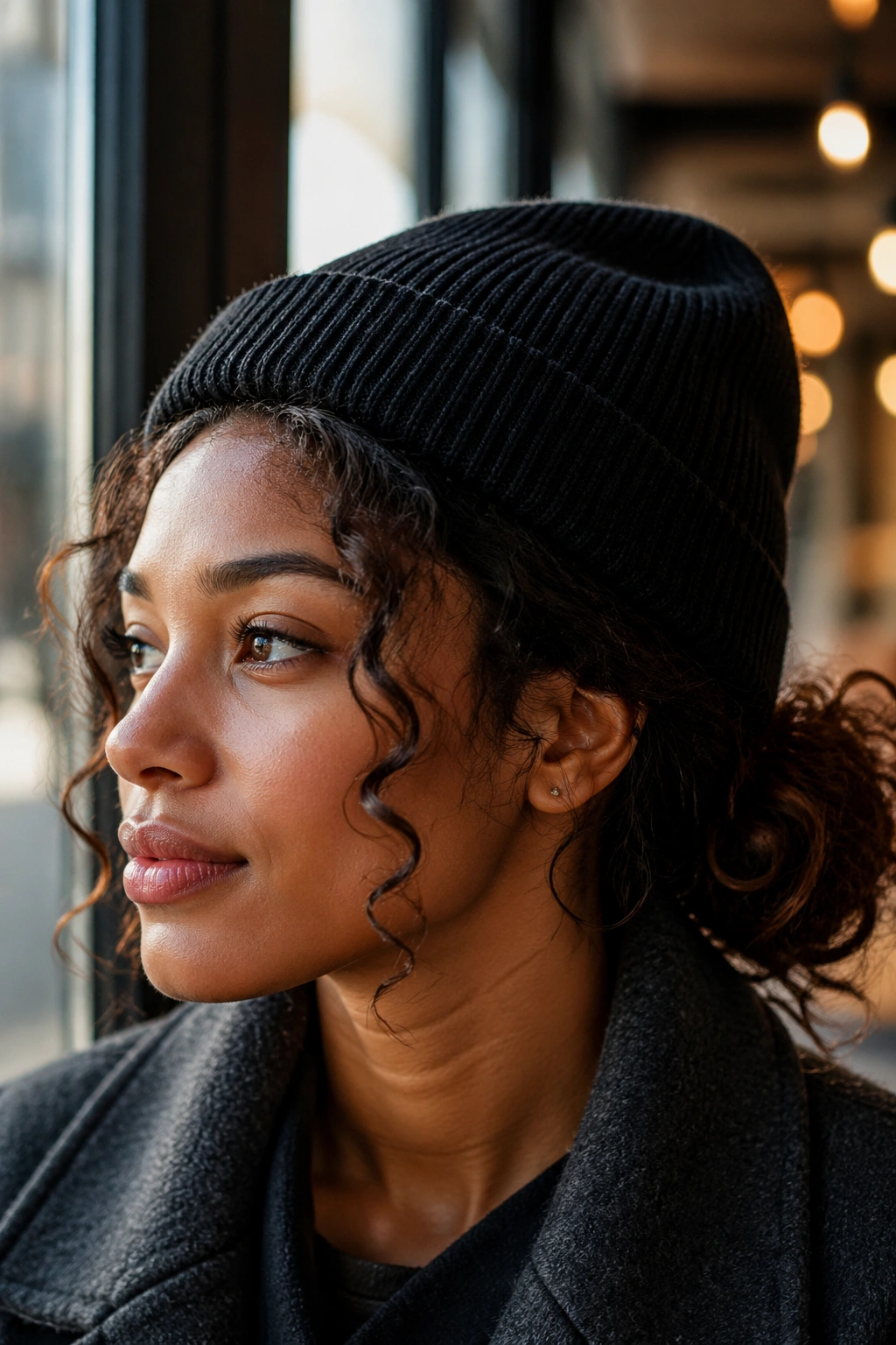 Portrait of a real woman with a loose low bun and front tendrils under a beanie.