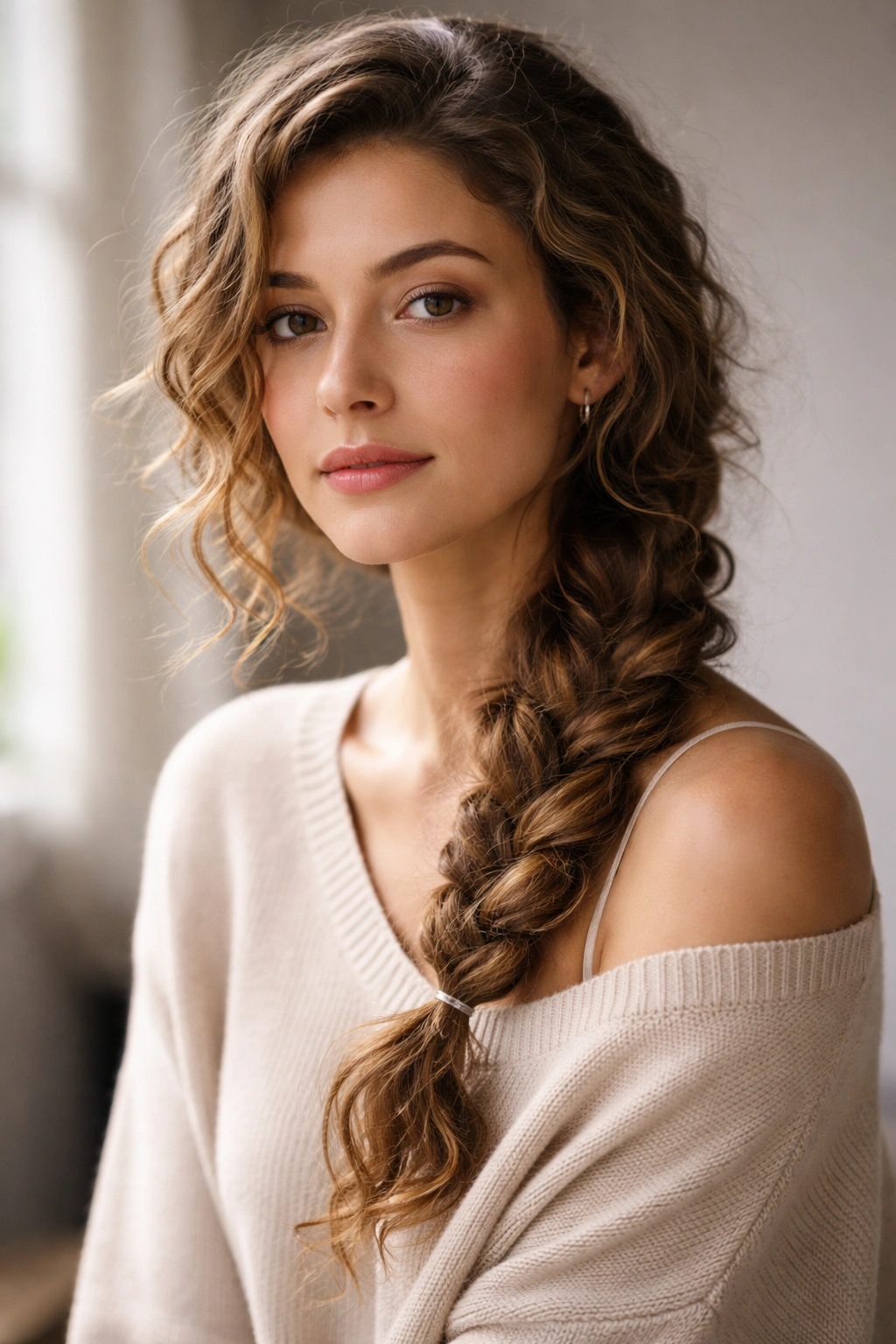 Side braid on damaged curls with a soft, relaxed finish over shoulder