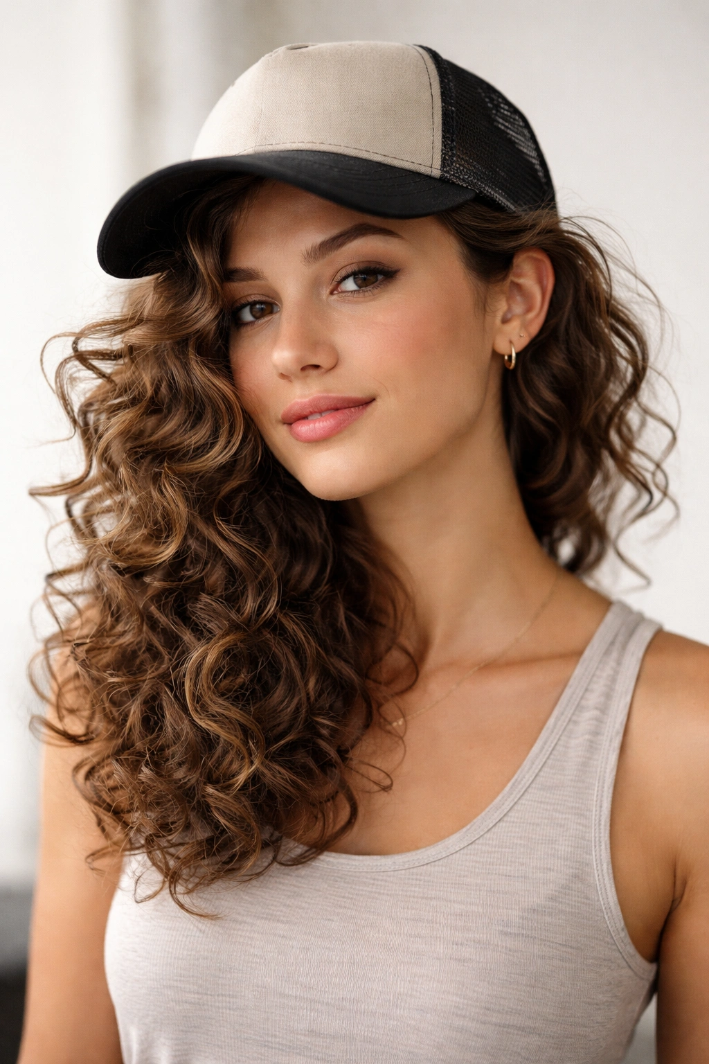 Curls swept to one side under a trucker cap