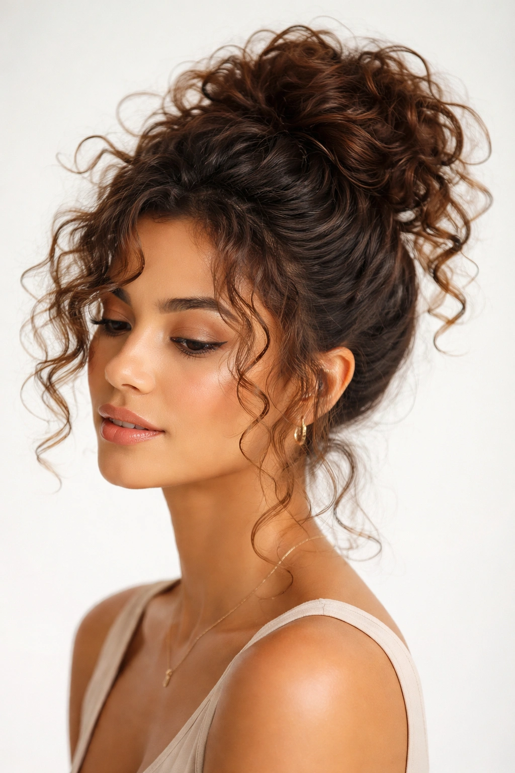 High loose top knot with curling ends left out, soft and polished