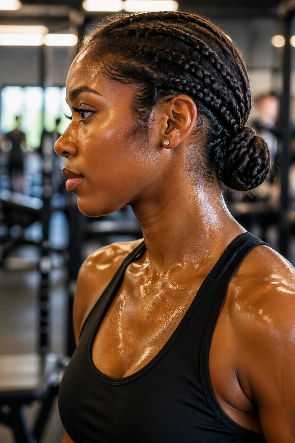 Real woman with a low braided bun in gym setting.