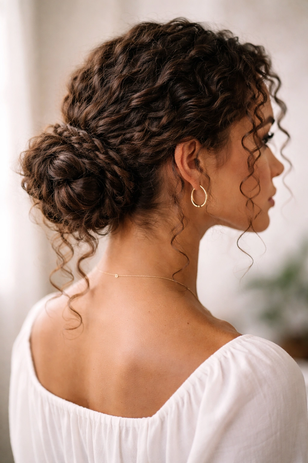 Low braided bun with tendrils and soft temple curls
