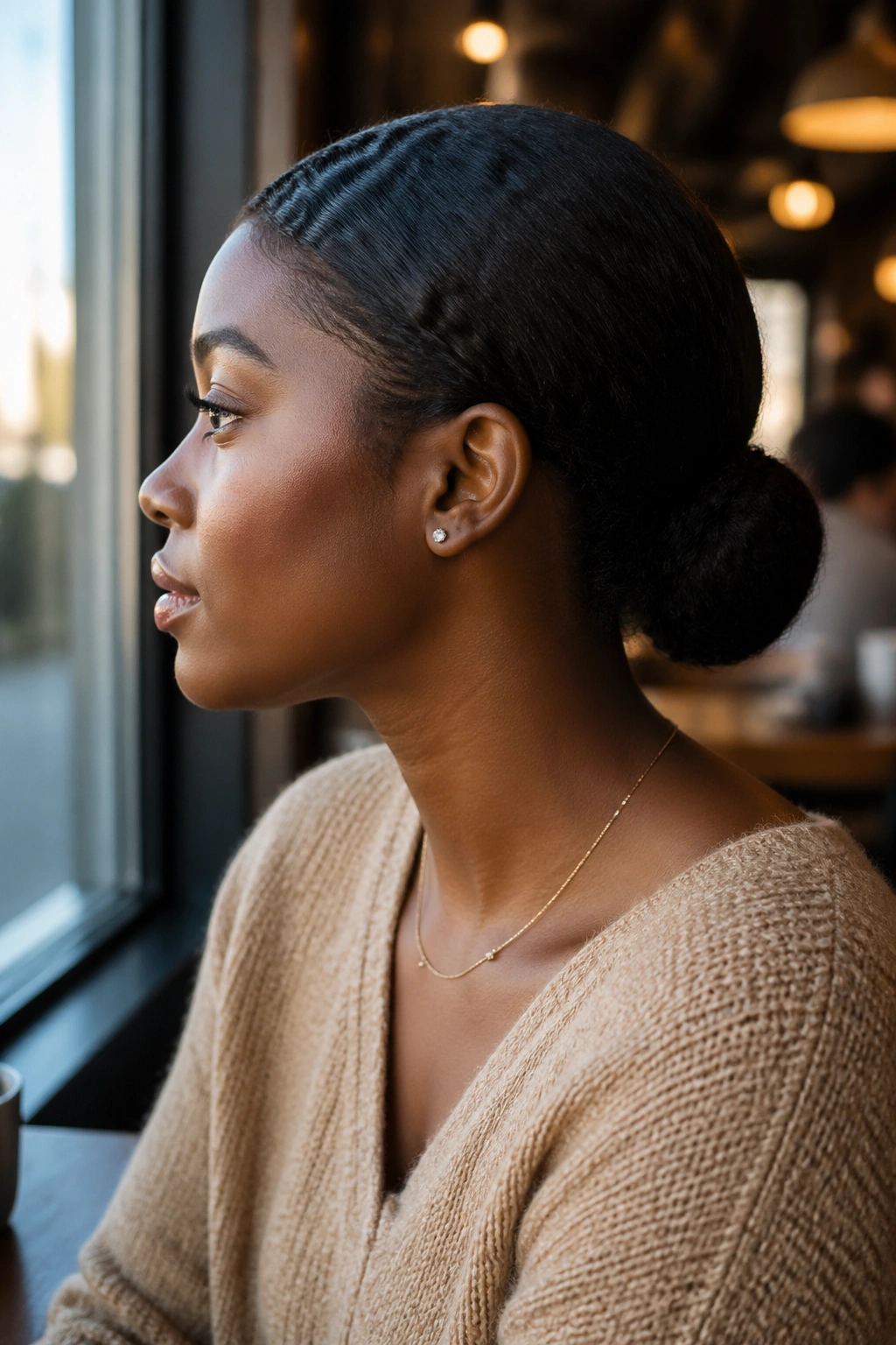 Real person with a smooth low bun in a cafe setting.