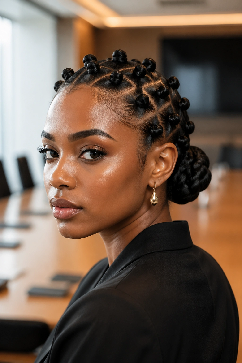Close-up portrait of a real woman with small bantu knots pulled into a low bun accent