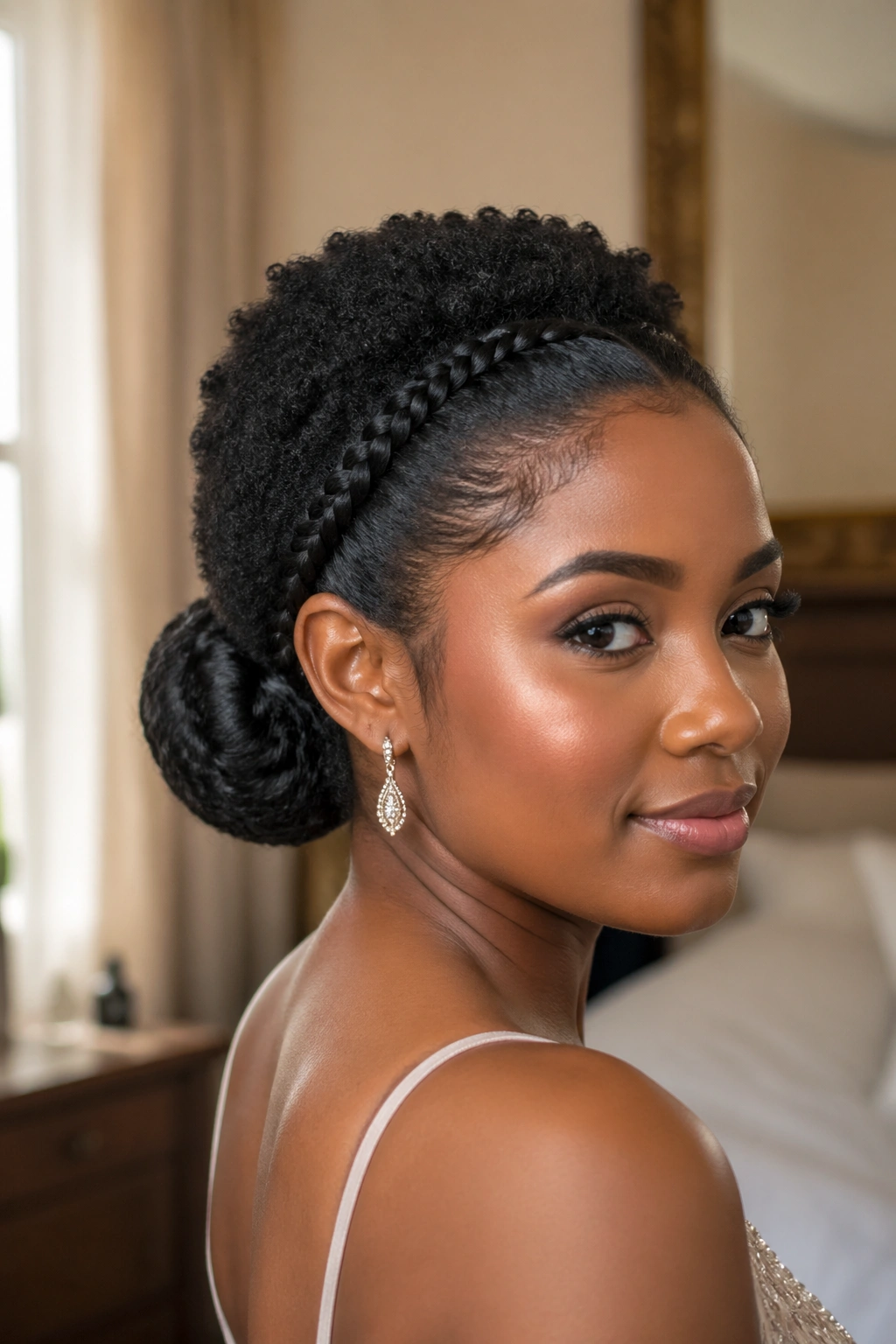Close-up of a woman with a textured crown and low braided bun for prom.