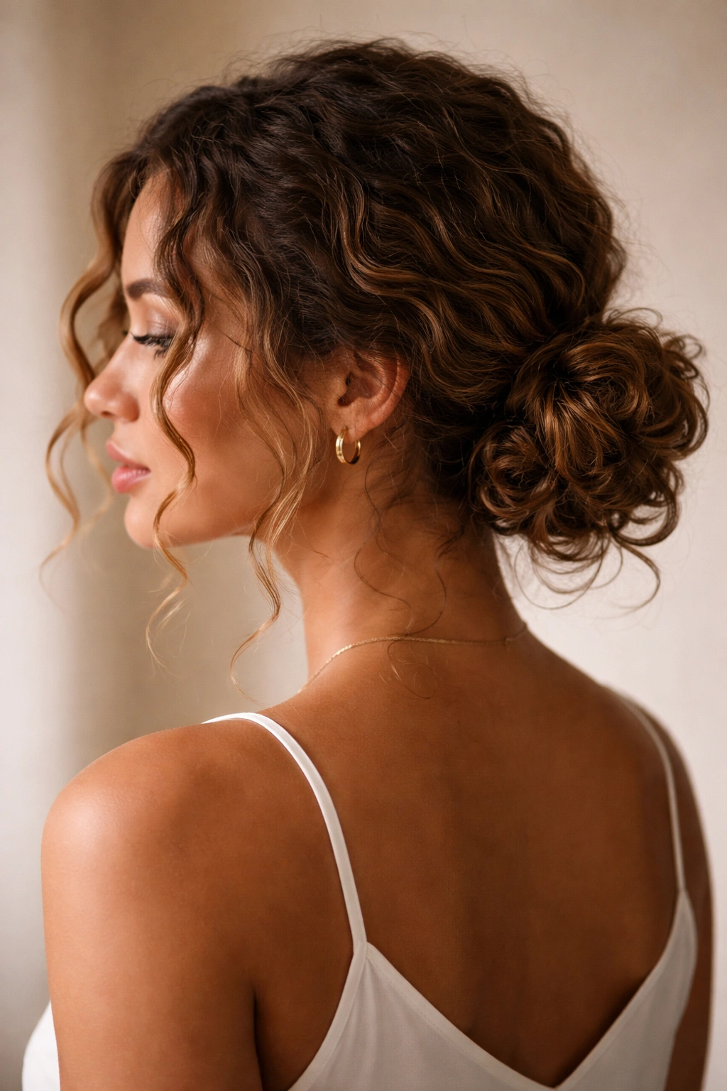 Low loose bun at nape with face-framing curls