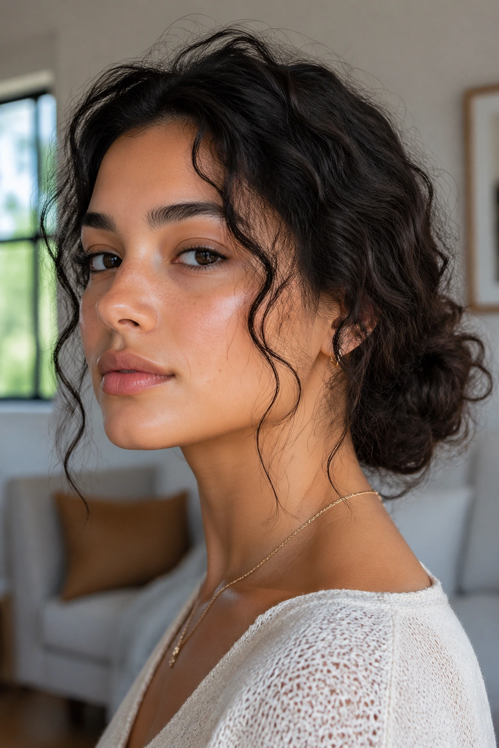 Portrait of a real woman with a low messy curly bun and face-framing pieces