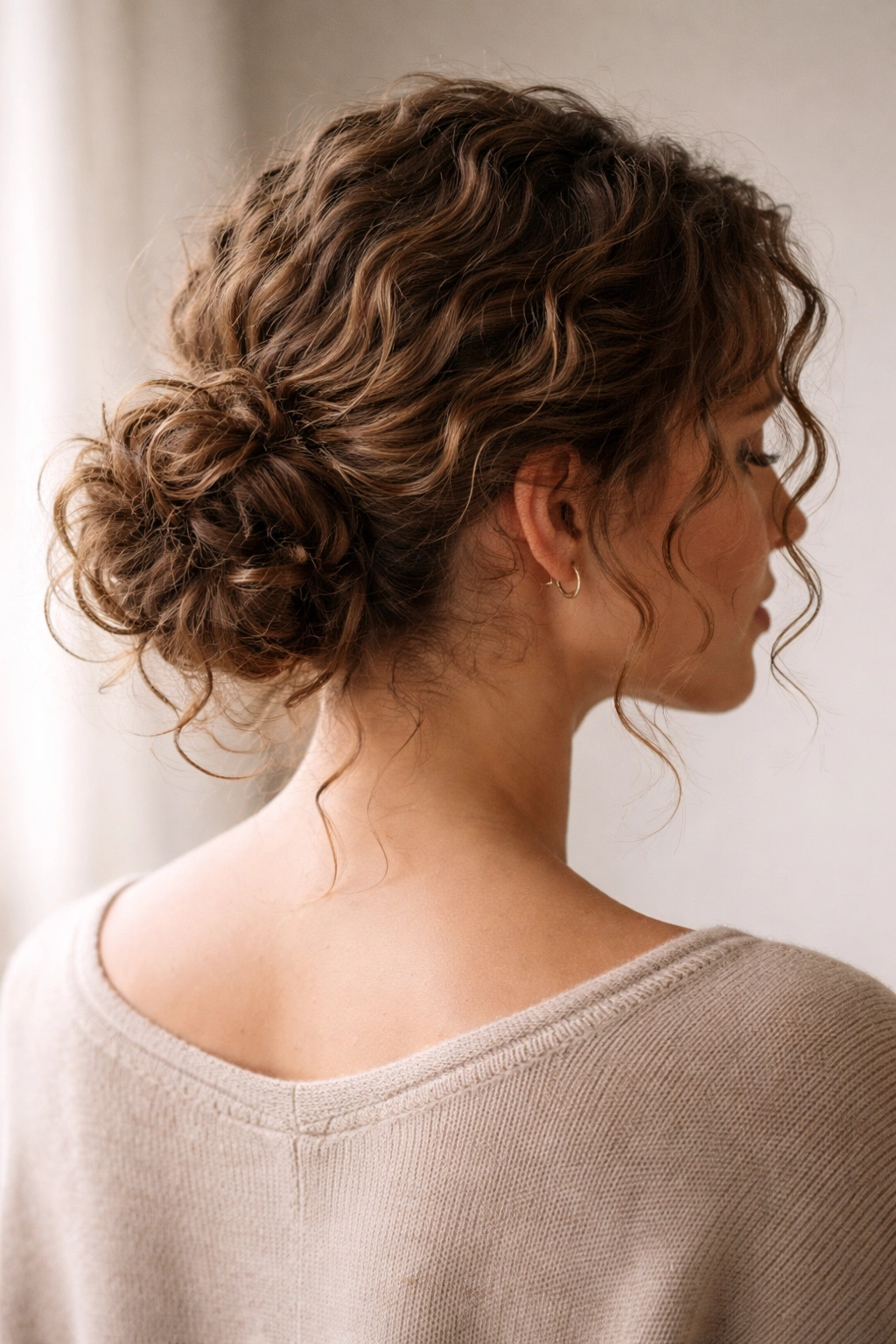 Low curly bun at the nape with soft escaping curls near the ears.