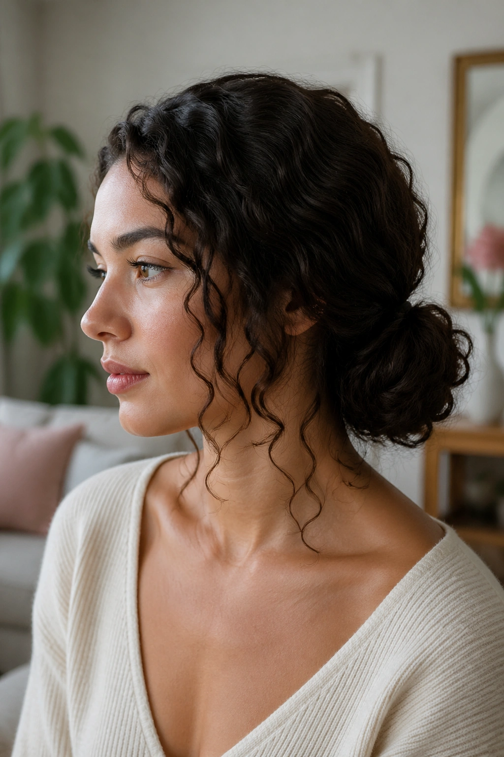 Close-up of a real woman with a low loose bun at the nape