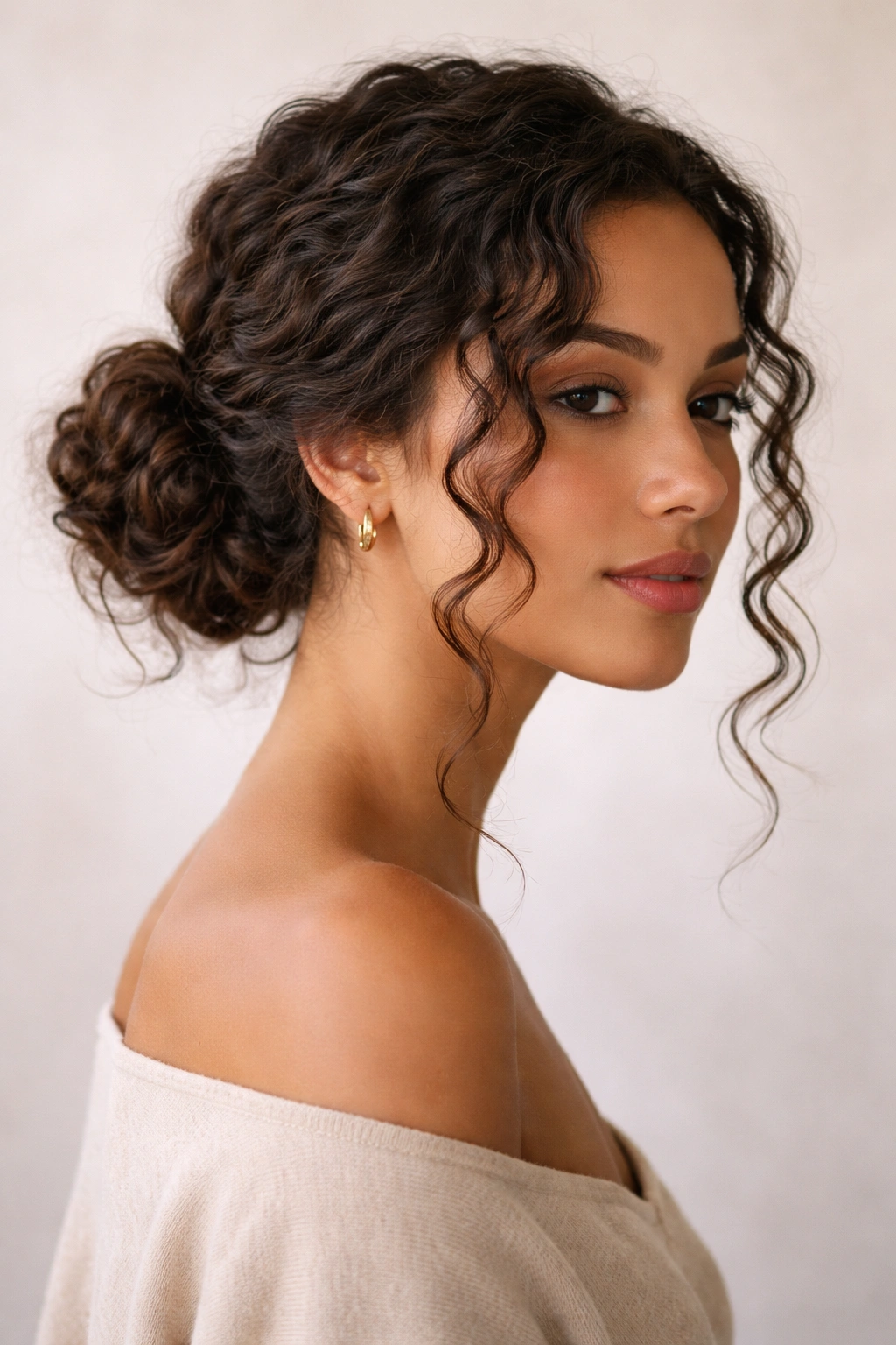 Low loose bun at the nape with face-framing curls