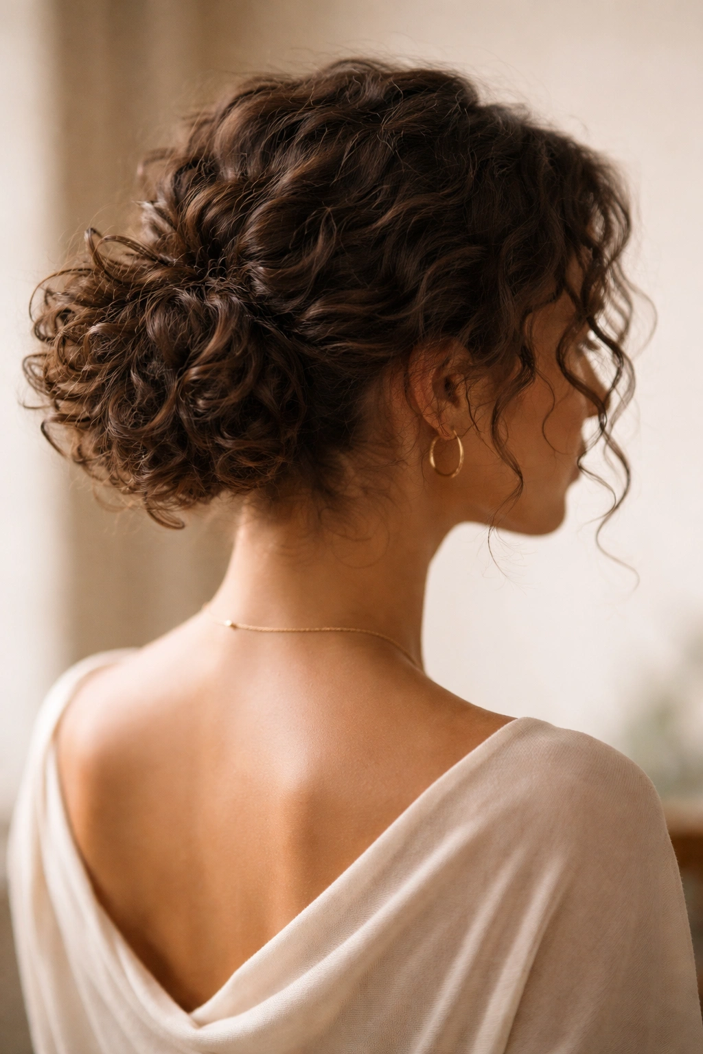 Low curly puff bun at the nape with curls visible on top