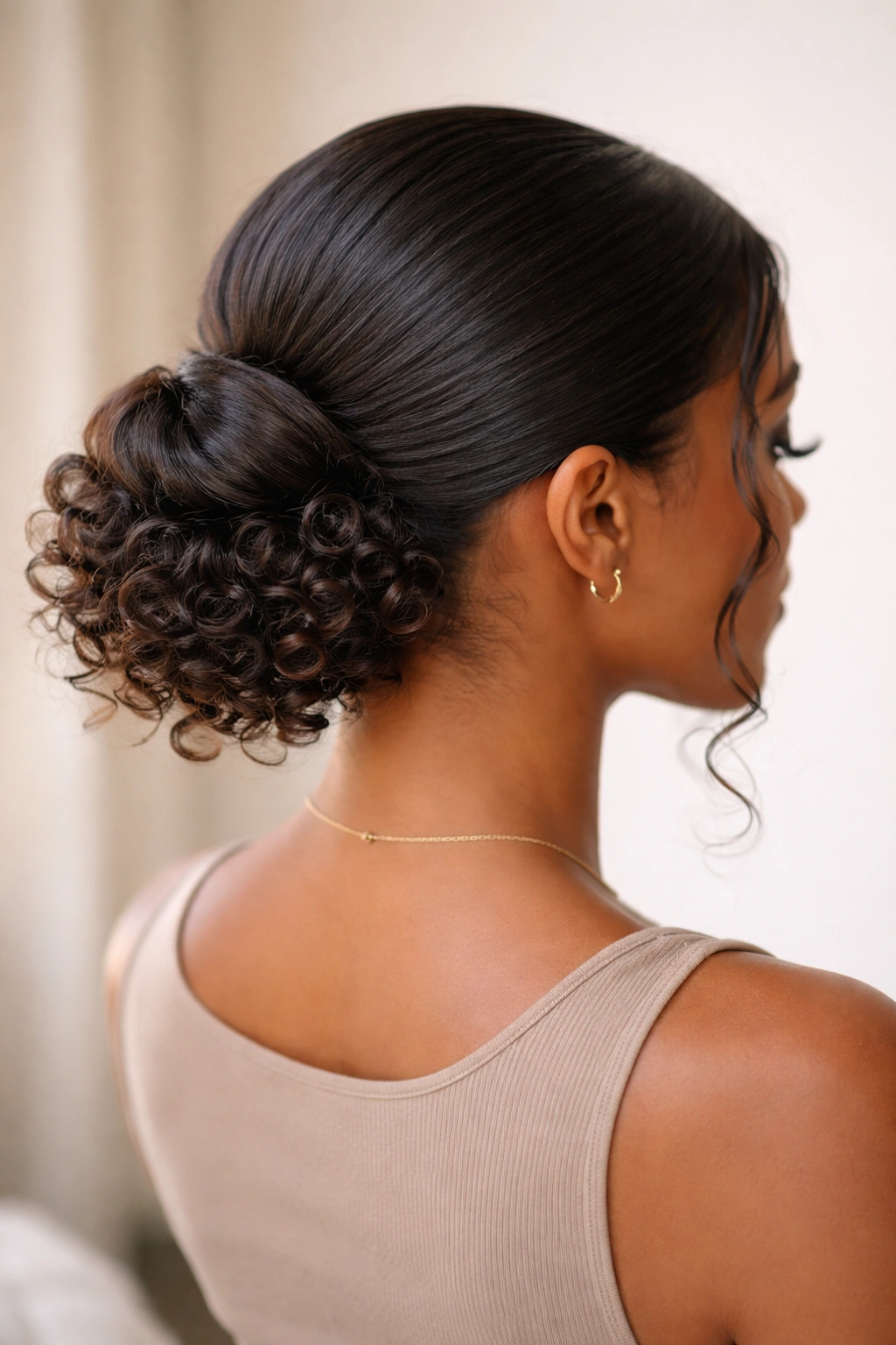 Sleek low bun with curly ends showing texture and shine