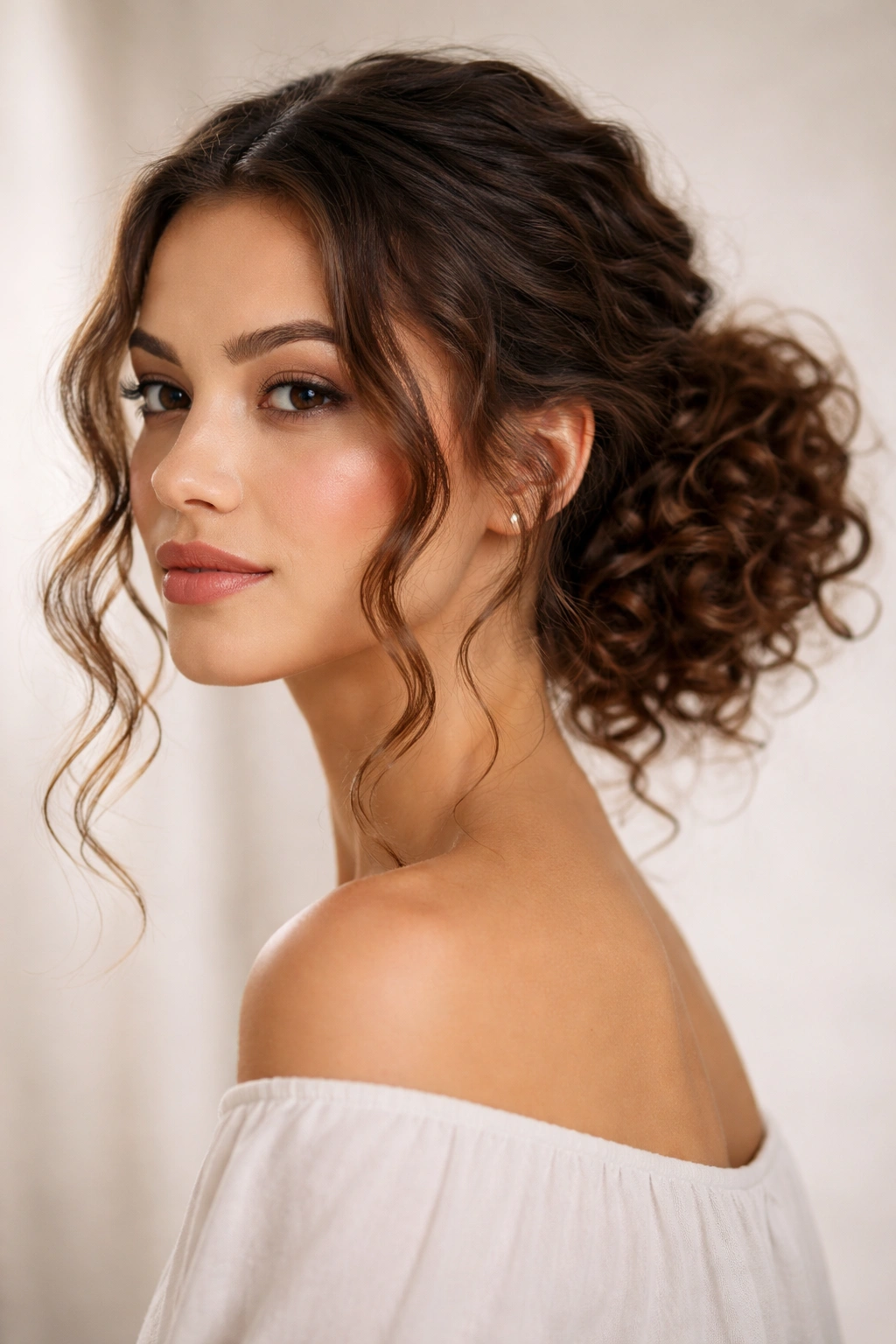 Low bun at the nape with two face-framing curls, curls defined and voluminous