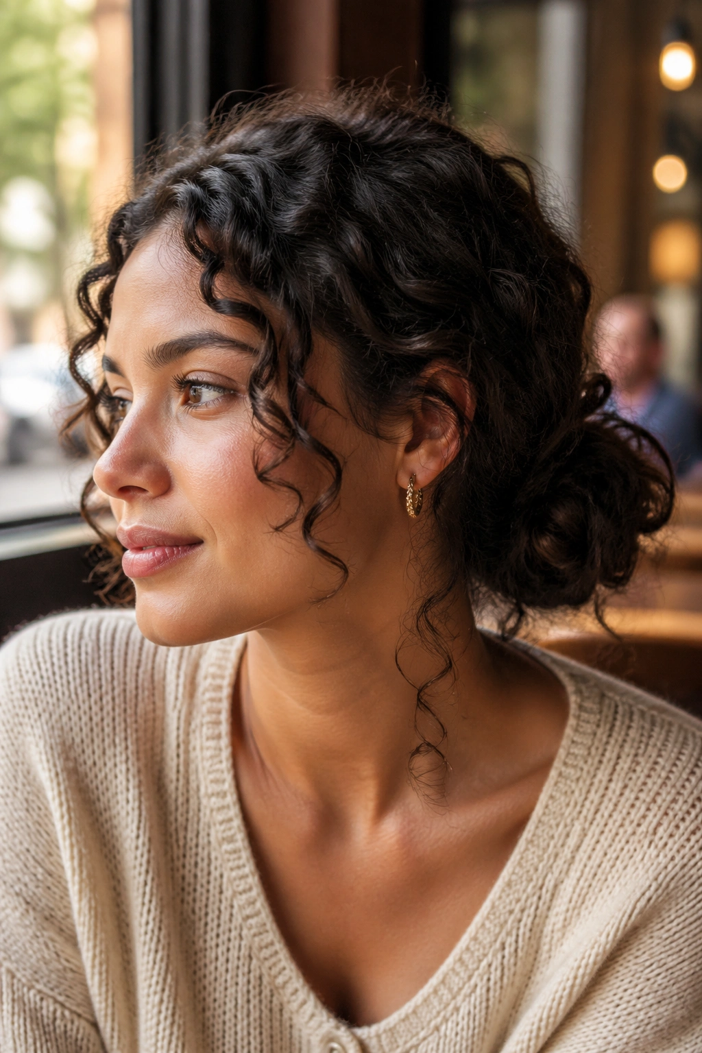 Real woman with a soft low curly bun at the nape.