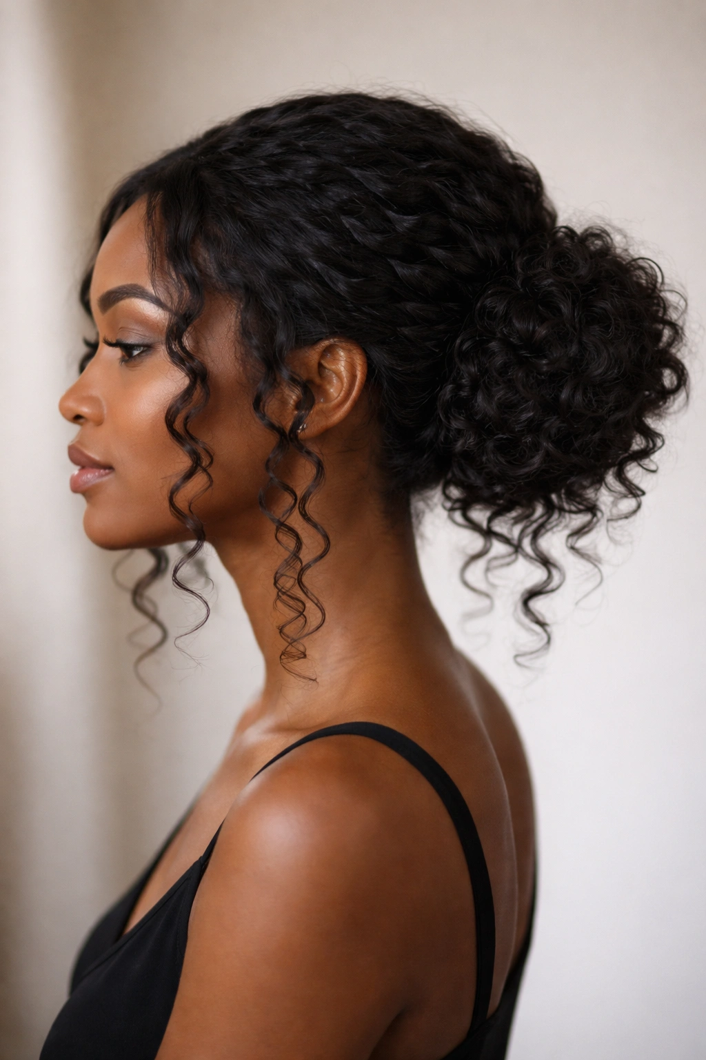 Low bun with curly hanging pieces framing the face