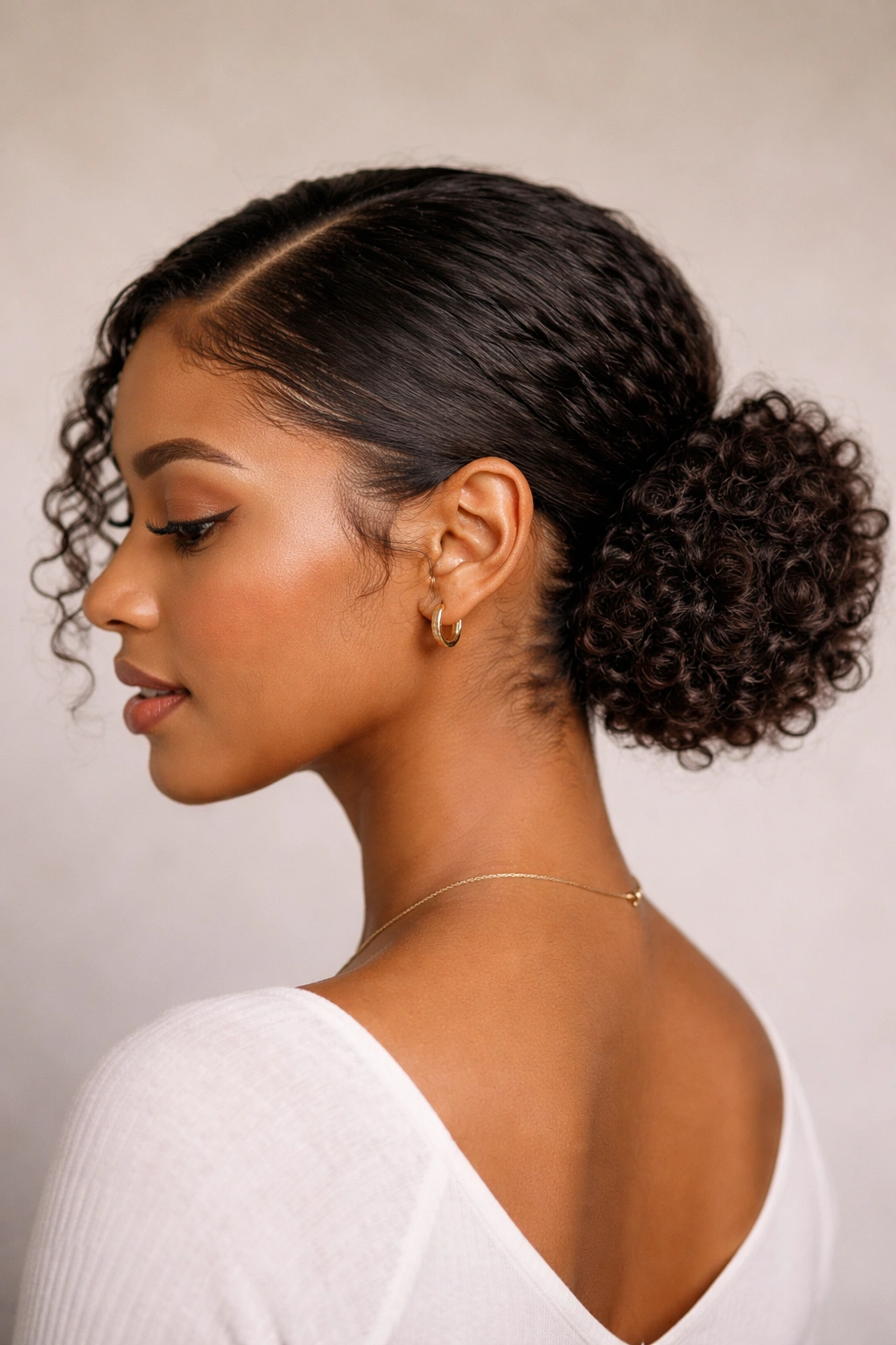 Low curly bun with clean side part and tidy edges