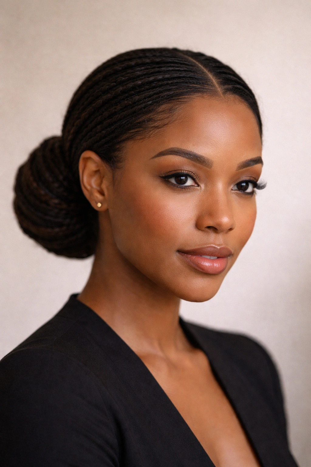 Low bun at nape with center part on Afro locs.