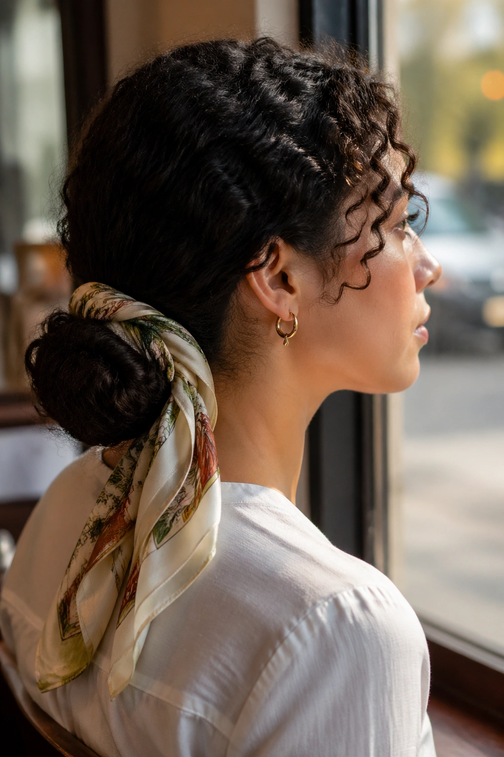 Close-up of a real woman with a low bun wrapped with a scarf