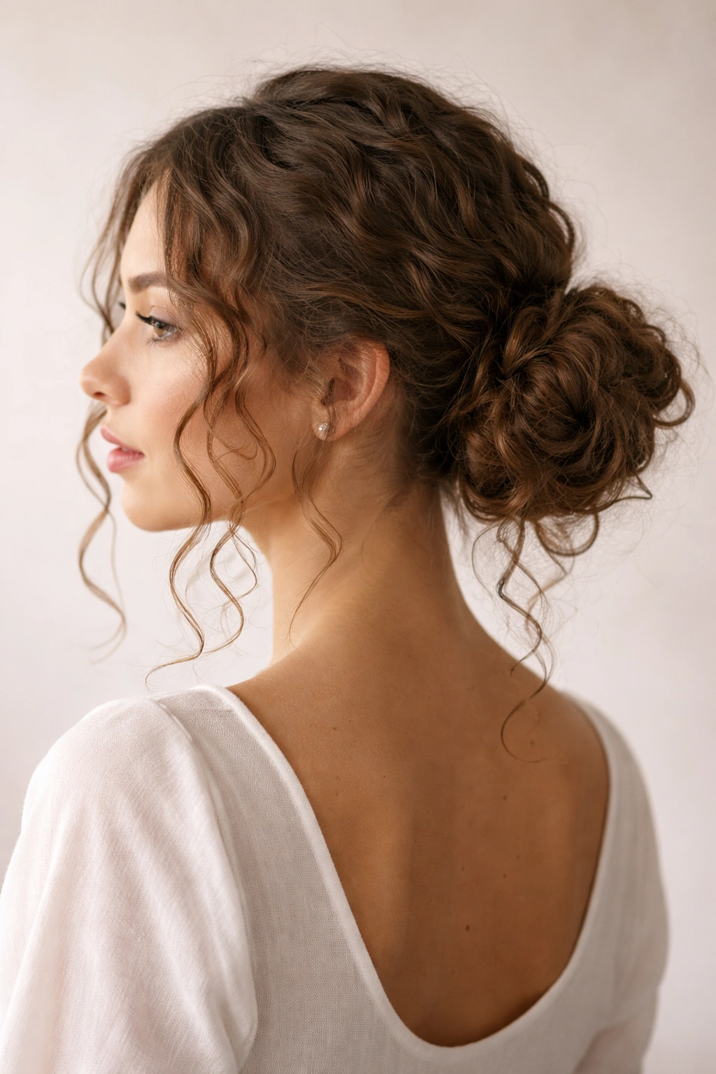 Close-up of Low Loose Bun with face-framing tendrils on curly hair
