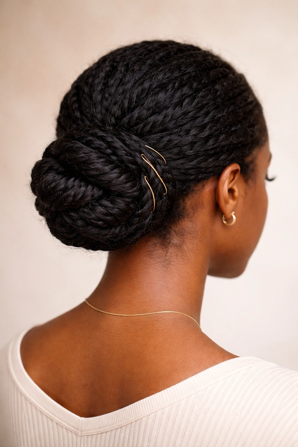 Low bun twists at the nape on Afro-textured hair, ends tucked under in a circular bun