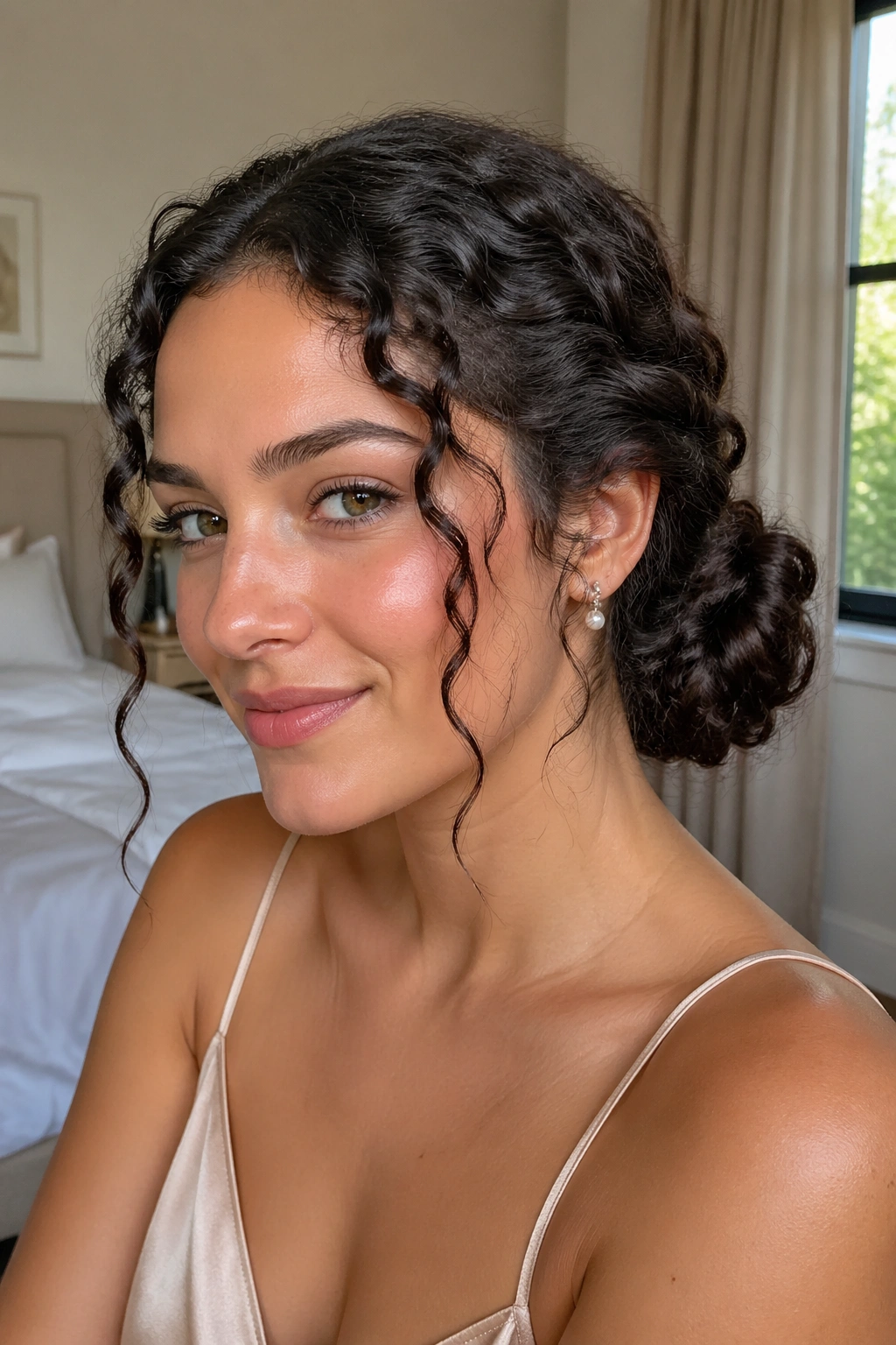 Close-up of a real woman with a low twisted bun and soft temple tendrils