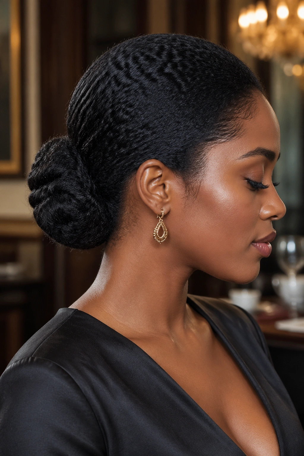 Close-up of a real woman with a low chignon at the nape in an elegant interior.