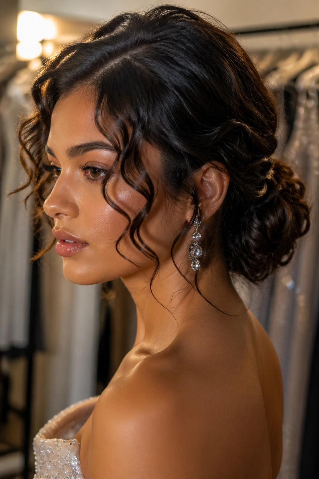 Close-up of a real woman with a low curly chignon and face-framing pieces.