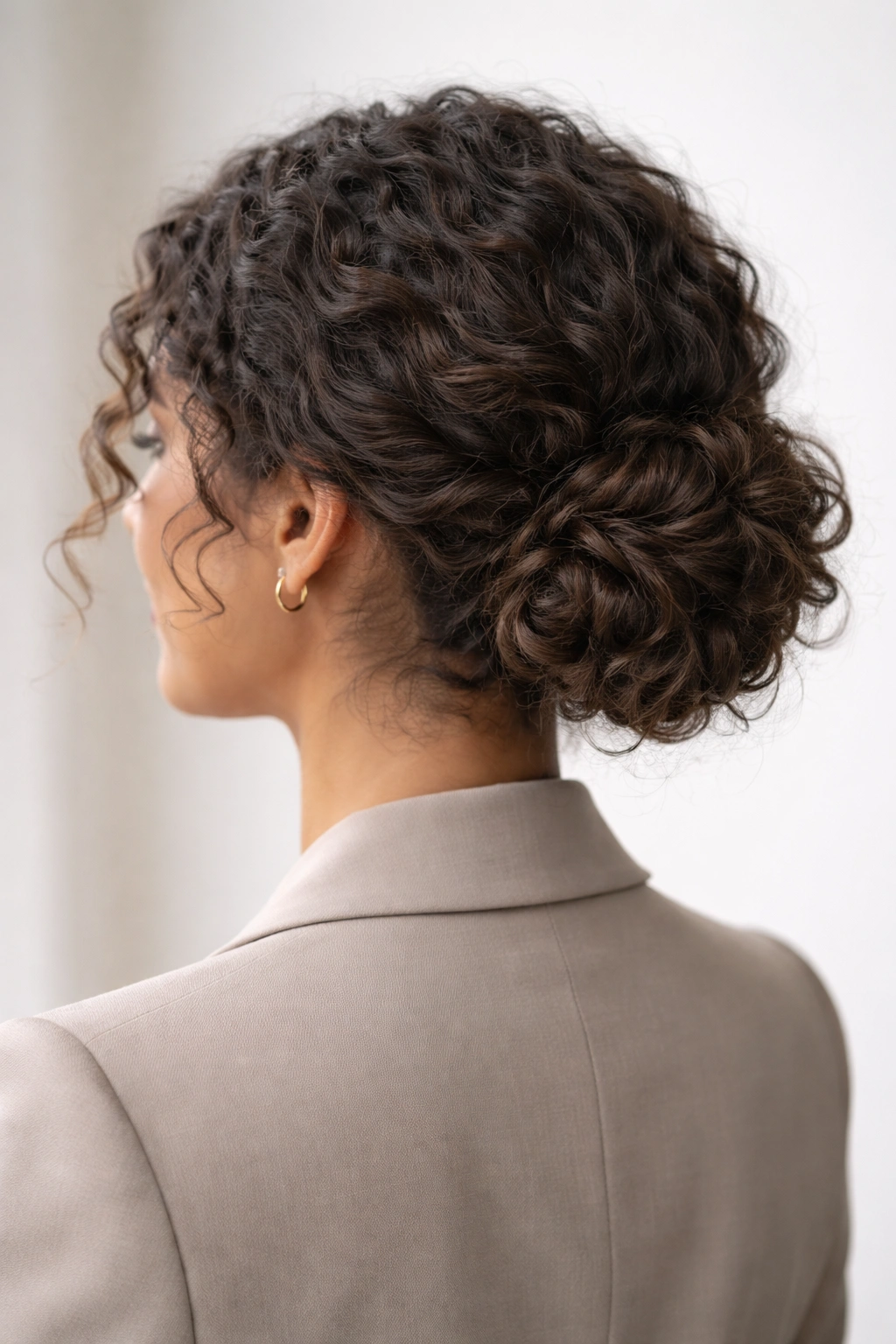 Low chignon at the nape showing soft texture in curls.