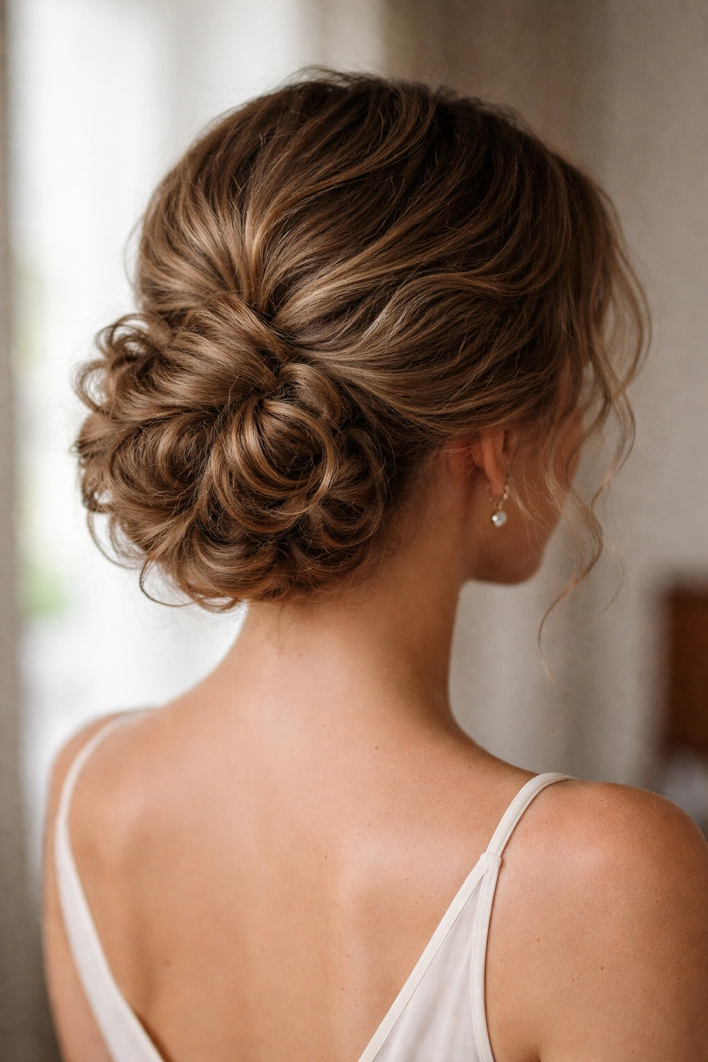 Close-up of a low curly chignon with hidden pins, showing soft crown and tucked ends