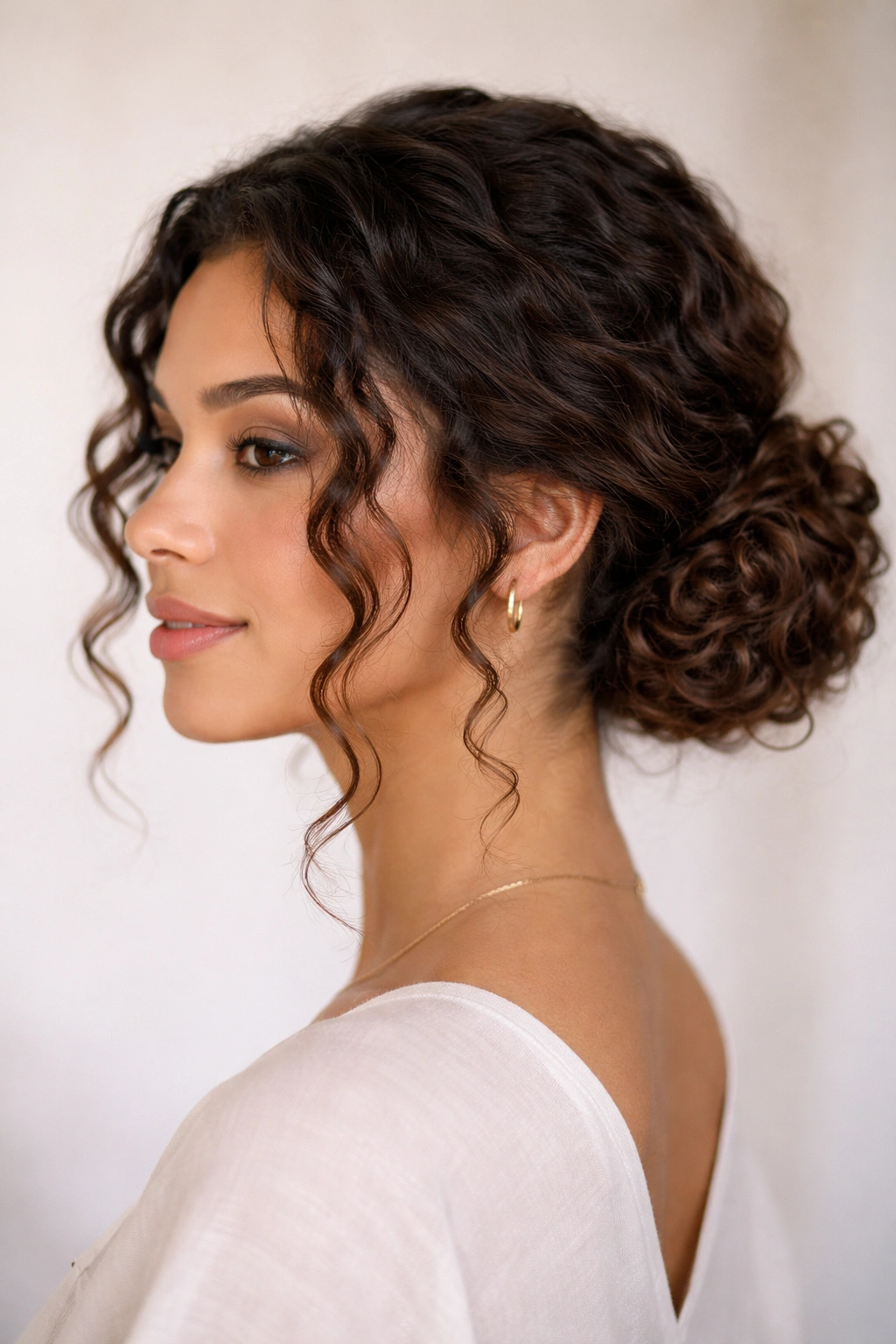 Low curly chignon with face-framing curls at the sides