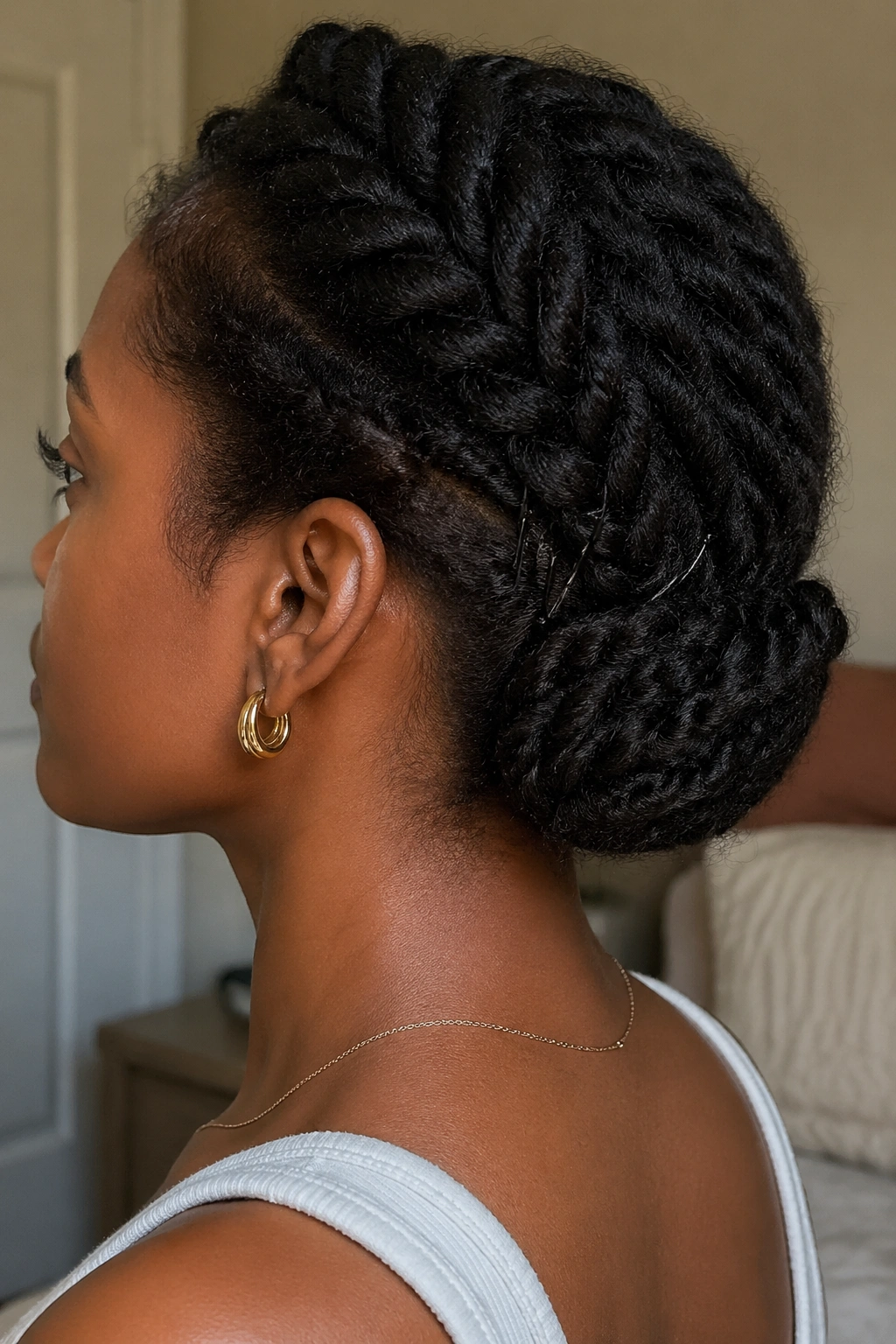 Close-up of a real woman with a low crown twist updo pinned at the nape in warm window light