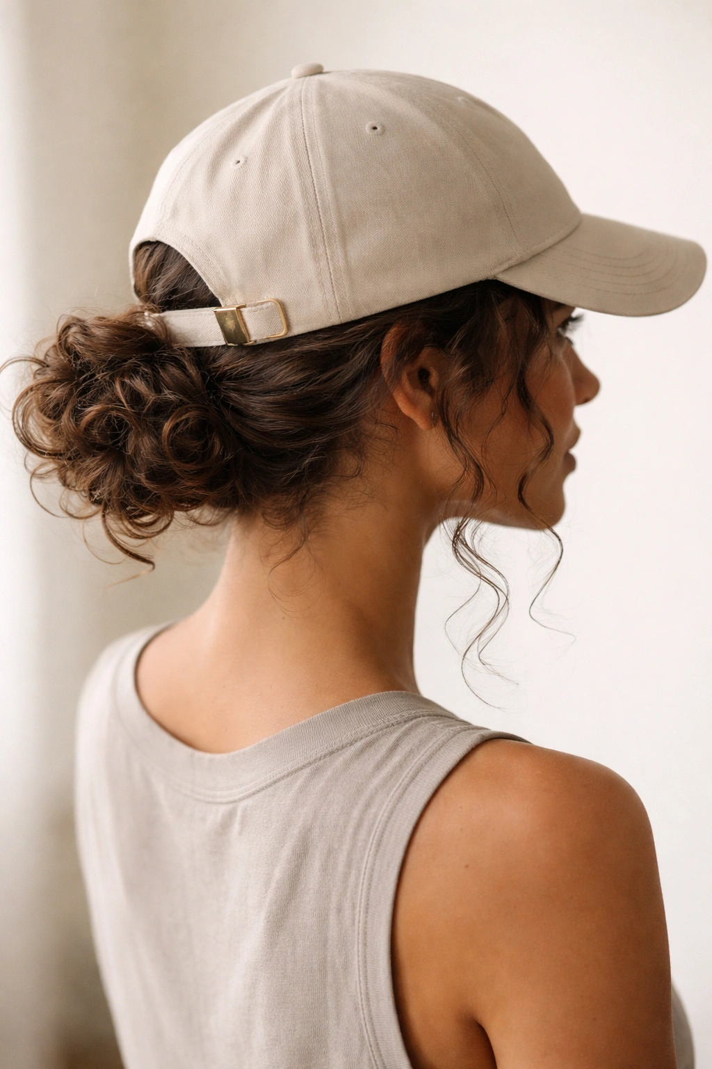 Close-up of a low curly bun under a baseball cap at the nape with curls peeking