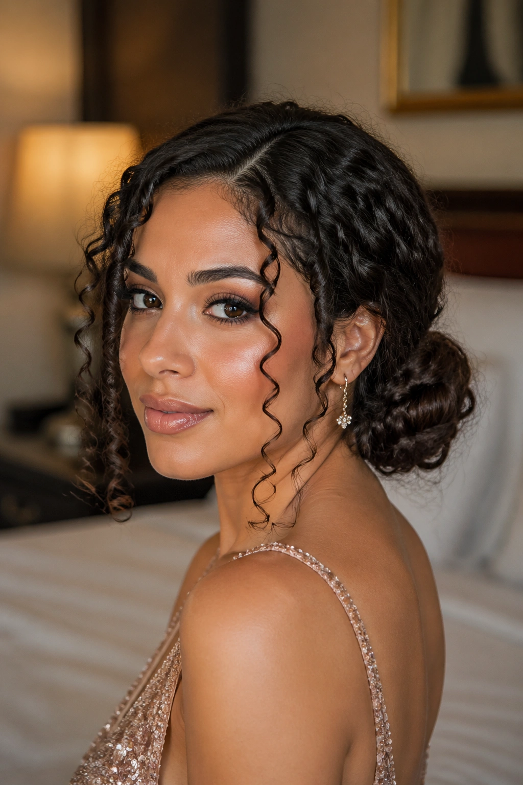 Close-up of a real woman with a low curly bun and spiral tendrils